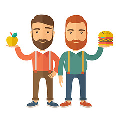 Image showing Two businessmen comparing apple to hamburger.