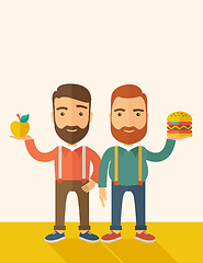 Image showing Two businessmen comparing apple to hamburger.