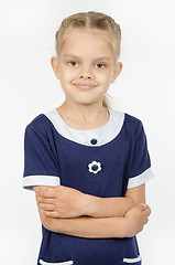 Image showing Half-length portrait of positive six-year girl