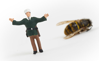 Image showing Miniature police officer guarding a crime scene - dead wasp