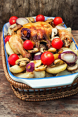 Image showing delicious chicken baked potato and fresh vegetables