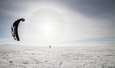 Image showing Kiteboarder with blue kite on the snow