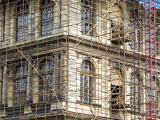 Image showing Fragment of scaffolding against house wall in Prague