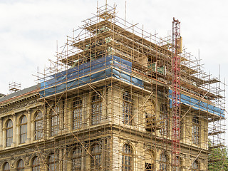 Image showing Fragment of scaffolding against house wall in Prague