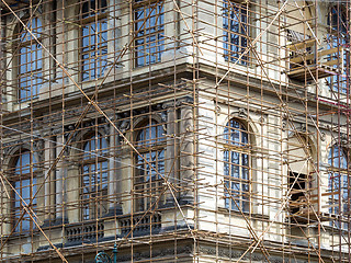 Image showing Fragment of scaffolding against house wall in Prague