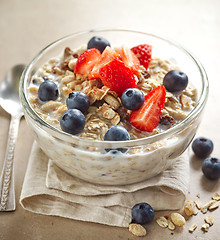 Image showing healthy breakfast, bowl of muesli with milk