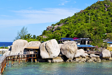 Image showing   kho  isle white  beach    rocks house boat in thailand   