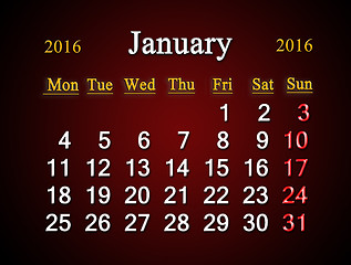Image showing calendar on January of 2015 year on claret