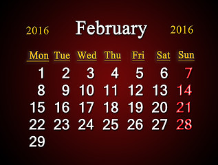 Image showing calendar on February of 2016 on claret