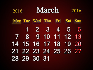 Image showing calendar for March of 2016 claret