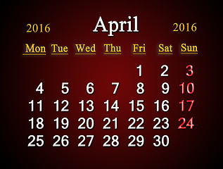 Image showing calendar on April of 2016 on claret