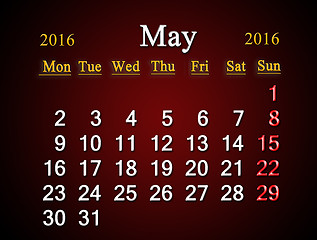 Image showing calendar on May of 2016 on claret