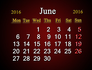 Image showing calendar on June of 2016 on claret