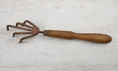 Image showing Hand rake on wood