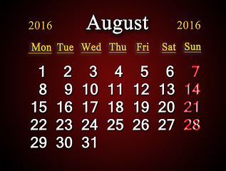 Image showing calendar on August of 2016 on claret
