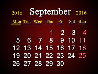 Image showing calendar on September of 2016 on claret