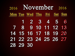 Image showing calendar on November of 2016 on claret