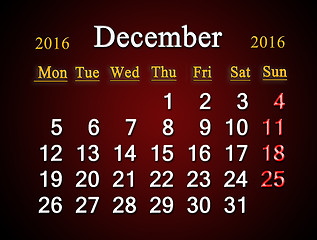 Image showing calendar of December of 2016 on claret