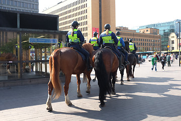 Image showing HELSINKI, FINLAND – MAY 21, 2015: Mounted police patrol in the