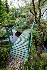 Image showing small green footbridge over a pond