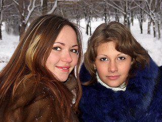 Image showing Portrait of two girls in the winter in park