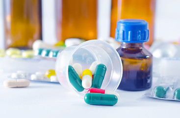 Image showing color pills and medical bottle 