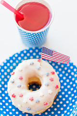 Image showing donut with juice and american flag decoration