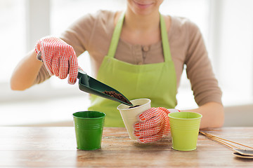 Image showing close up of woman hands with trowel sowing seeds