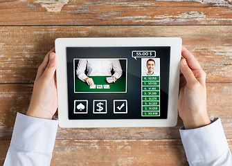 Image showing close up of female hands with tablet pc on table