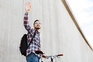 Image showing hipster man with fixed gear bike and backpack