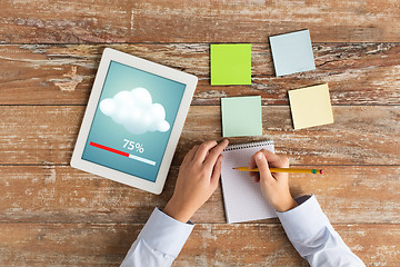 Image showing close up of hands with tablet pc and notebook