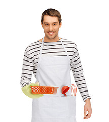 Image showing happy man or cook with baking and kitchenware
