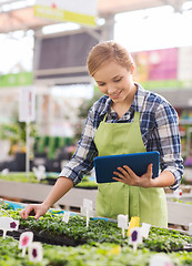 Image showing happy woman with tablet pc in greenhouse