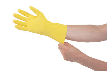 Image showing Hand in yellow glove