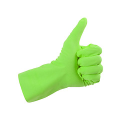 Image showing Green glove for cleaning show thumbs up