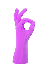 Image showing Hand gesturing with purple cleaning product glove