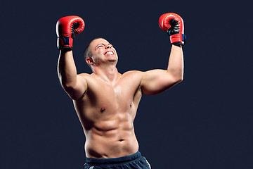 Image showing Portrait of a boxer champion enjoying his victory. Studio shot.