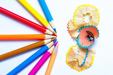 Image showing several colored pencils and shavings