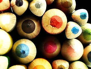 Image showing Colorful wooden crayons closely.