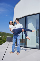 Image showing happy young romantic couple have fun arelax  relax at home