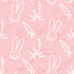 Image showing Vector seamless print pattern of rabbits, carrots and shrubs