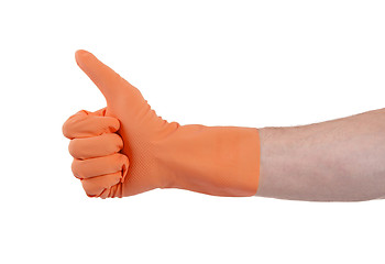 Image showing Orange glove for cleaning show thumbs up