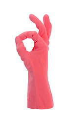 Image showing Hand gesturing with red cleaning product glove