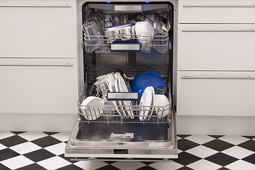 Image showing Dishwasher loades in a kitchen with clean dishes