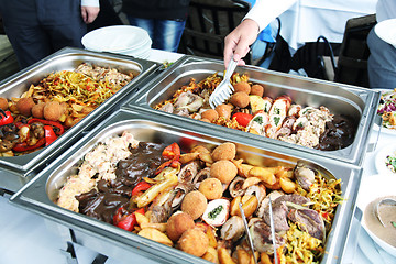 Image showing cook and fried meat in lunch counter at public catering restaura