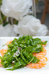 Image showing fresh salmon carpaccio