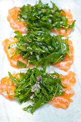 Image showing fresh salmon carpaccio