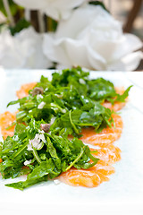 Image showing fresh salmon carpaccio