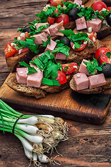 Image showing bruschetta with vegetables and meat