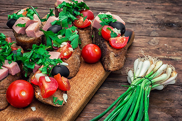 Image showing bruschetta with vegetables and meat